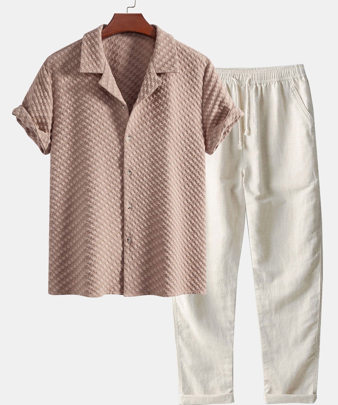 Houndstooth Jacquard Cuban Shirt & Straight Leg Linen Pants