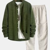 Long Sleeve Stand Collar Shirt & Straight Leg Linen Pants