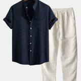 Short Sleeve Stand Collar Shirt & Straight Leg Linen Pants