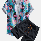 Tropical Plants And Orangutan Print Button Up Shirt & Swim Shorts