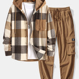 Relax Fit Flannel Plaid Corduroy Patchwork Hooded Shirt & Corduroy Cargo Jogger Pants