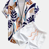 Colorful Leaf Print Button Up Shirt & Swim Shorts