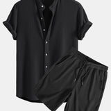 Waffle Stand Collar Shirt & Drawstring Waffle Shorts