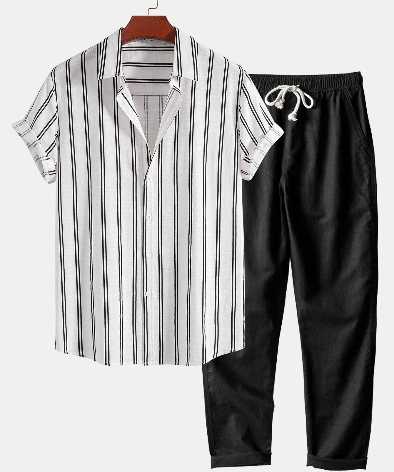 Linen Look Striped Button Up Shirt & Straight Leg Linen Pants
