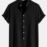 Linen And Rayon Blend Stand Collar Shirt & Linen Cotton Blend Drawstring Shorts