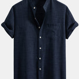 Short Sleeve Stand Collar Shirt & Linen Drawstring Shorts