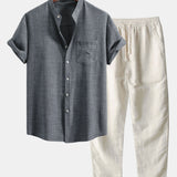 Short Sleeve Stand Collar Shirt & Straight Leg Linen Pants