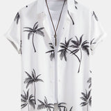 Palm Tree Print Button Up Shirt & Stripe Print Swim Shorts