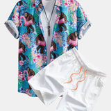 Tropical Plants And Orangutan Print Button Up Shirt & Swim Shorts