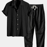 Geometric Jacquard Textured Cuban Shirt & Straight Leg Linen Pants