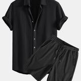 Waffle Button Up Shirt & Drawstring Waffle Shorts