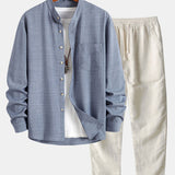 Long Sleeve Stand Collar Shirt & Straight Leg Linen Pants