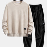 Relax Fit Geometric Striped Sweatshirt & Drawstring Corduroy Cargo Jogger Pants
