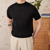 Basic Mock Neck Silk Blend Knit T-Shirt