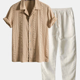 Geometric Jacquard Textured Cuban Shirt & Straight Leg Linen Pants