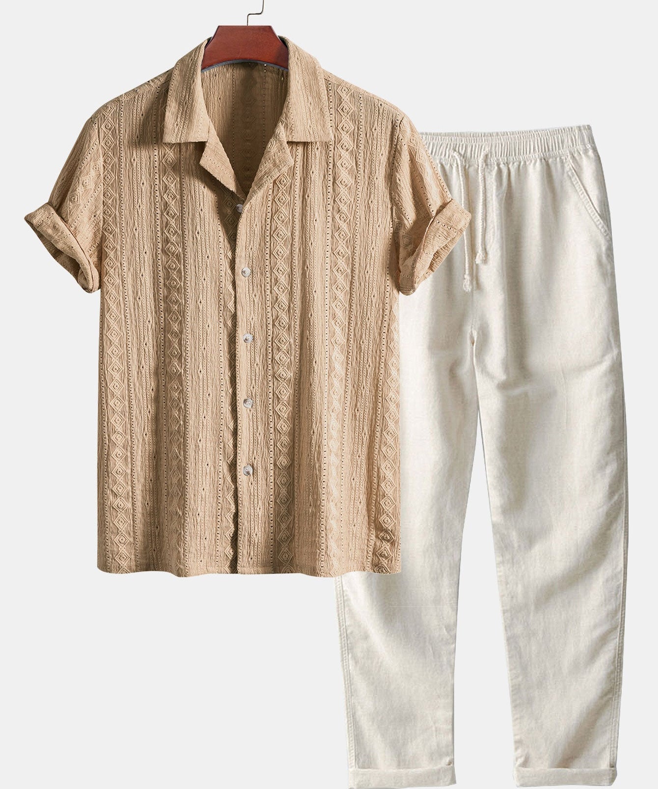 Geometric Jacquard Textured Cuban Shirt & Straight Leg Linen Pants