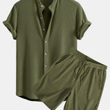 Waffle Stand Collar Shirt & Drawstring Waffle Shorts
