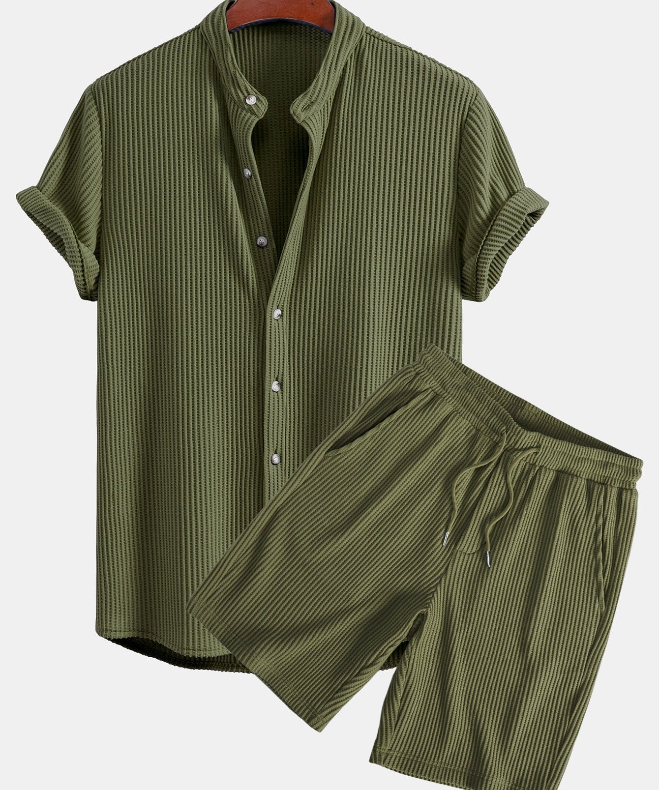 Waffle Stand Collar Shirt & Drawstring Waffle Shorts
