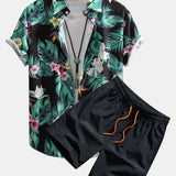 Tropical Flowers Print Button Up Shirt & Swim Shorts