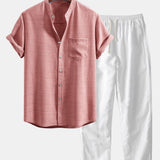 Short Sleeve Stand Collar Shirt & Straight Leg Linen Pants