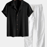 Short Sleeve Knitted Waffle Cuban Shirt & Straight Leg Linen Pants