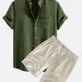 Short Sleeve Stand Collar Shirt & Linen Drawstring Shorts