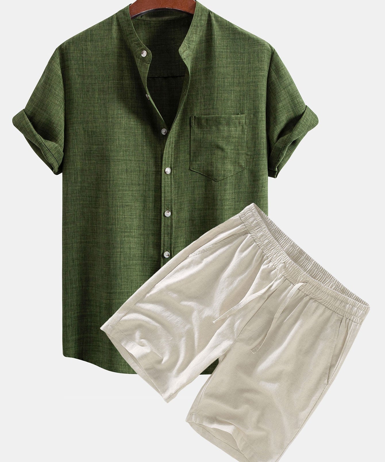 Short Sleeve Stand Collar Shirt & Linen Drawstring Shorts