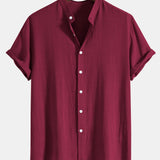 Linen And Rayon Blend Stand Collar Shirt & Linen Cotton Blend Drawstring Shorts