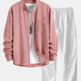 Long Sleeve Stand Collar Shirt & Straight Leg Linen Pants