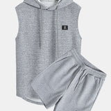Sleeveless Waffle Hooded Vest & Waffle Drawstring Shorts