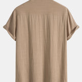 Linen And Rayon Blend Stand Collar Shirt & Linen Cotton Blend Drawstring Shorts
