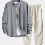Long Sleeve Stand Collar Shirt & Straight Leg Linen Pants