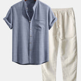 Short Sleeve Stand Collar Shirt & Straight Leg Linen Pants