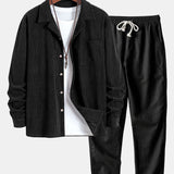 Long Sleeve Corduroy Cuban Collar Shirt & Straight Leg Linen Pants