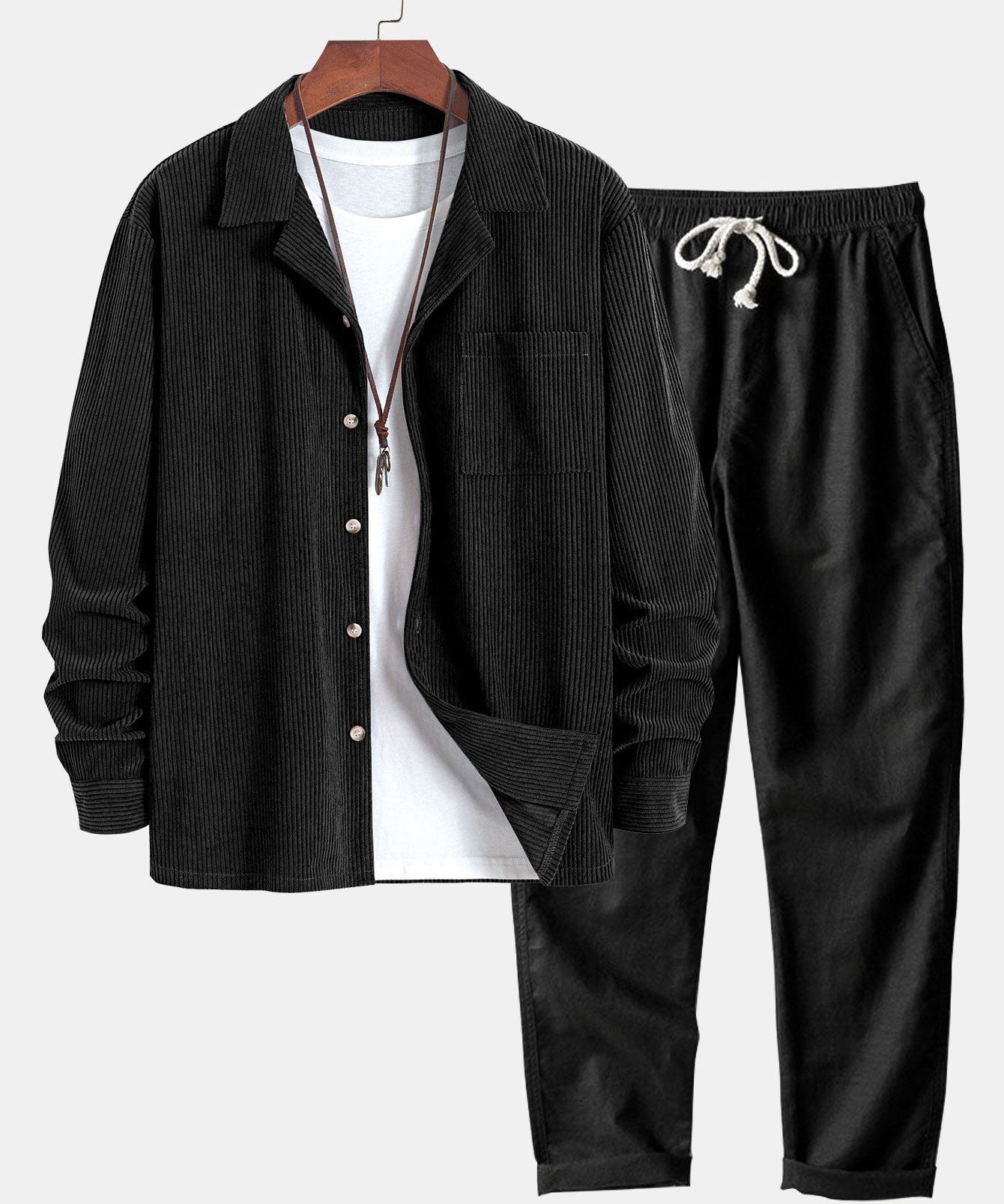 Long Sleeve Corduroy Cuban Collar Shirt & Straight Leg Linen Pants