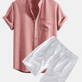 Short Sleeve Stand Collar Shirt & Linen Drawstring Shorts