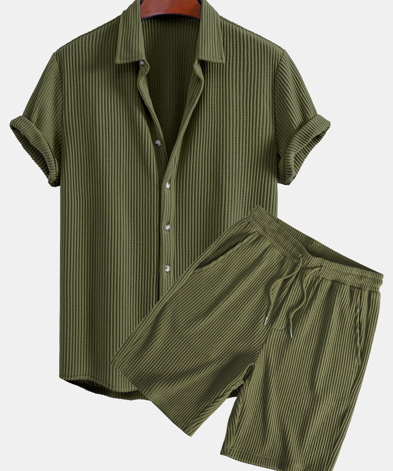 Waffle Button Up Shirt & Drawstring Waffle Shorts