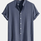 Linen And Rayon Blend Stand Collar Shirt & Linen Cotton Blend Drawstring Shorts