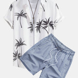 Palm Tree Print Button Up Shirt & Stripe Print Swim Shorts