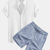 Textured Stand Collar Shirt & Stripe Print Swim Shorts