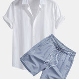Linen Look Cotton Button Up Shirt & Stripe Print Swim Shorts