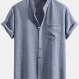 Short Sleeve Stand Collar Shirt & Linen Drawstring Shorts
