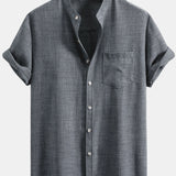 Short Sleeve Stand Collar Shirt & Linen Drawstring Shorts