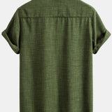 Short Sleeve Stand Collar Shirt & Linen Drawstring Shorts