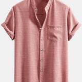 Short Sleeve Stand Collar Shirt & Linen Drawstring Shorts