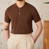 Linen Blend Henley Knit Short Sleeve T Shirt