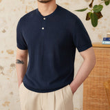 Linen Blend Henley Knit Short Sleeve T Shirt