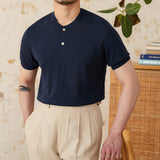 Linen Blend Henley Knit Short Sleeve T Shirt