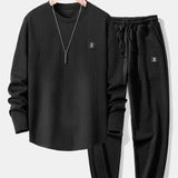 Long Sleeve Geometric Jacquard Arc Hem T-Shirt & Jogger Pants
