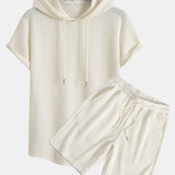 Knitted Waffle Arc Hem Hooded T-Shirt & Drawstring Waffle Shorts